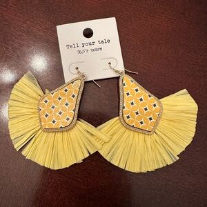 Tell Your Tale Yellow and Gold Patterned Wood Raffia Tassel Earrings NWT